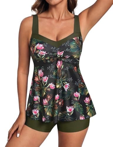 Hanna Nikole Tankini Swimsuits for Women, Twist Front Flowy Bathing Suit, Two Piece Swim Suit with Bottoms Army Green Base Floral S - Image 1