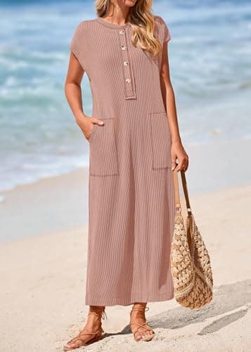 KIRUNDO Womens Summer Dresses 2026 Spring Ribbed Knit Henley Short Sleeve Maxi Dress Button Up Loose Beach Vacation Sundress(Light Brown, XX-Large) - Thumbnail 5