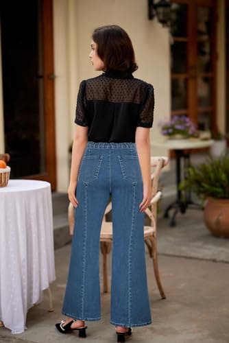 Women's Wide Leg Jeans Vintage Stretch High Waisted Work Office Denim Pants Summer Fall Size 20 Size 22 Light Blue - Thumbnail 3