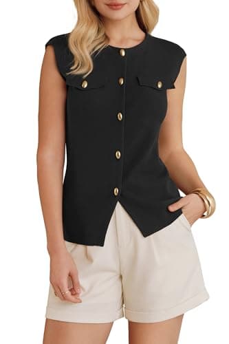 Arach&Cloz Womens 2026 Spring Fashion Capsule Wardrobe Button Down Crew Neck Sweater Vest Dressy Business Casual Tops Trendy Old Money Work Tank Clothes Summer Sleeveless Blazers Outfits Black M - Image 1