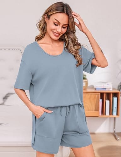 Totatuit Womens Oversized T Shirt and Shorts Set 2 Piece Lounge Outfits High Waist Bermuda Shorts with Pockets Casual Summer Matching Sets Gray-blue Medium - Thumbnail 4