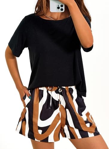 PRETTYGARDEN Women's Summer 2 Piece Outfits Lounge Sets Short Sleeve Tee Shirts Tops Blouses Pockets Printed Shorts Tracksuit (Floral Black Multicolored,X-Large) - Image 1