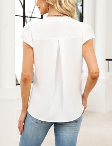 CiCiBird Boho Tops for Women Dressy Casual V Neck Blouses Summer Short Ruffle Sleeve Shirts White Medium - Thumbnail 2