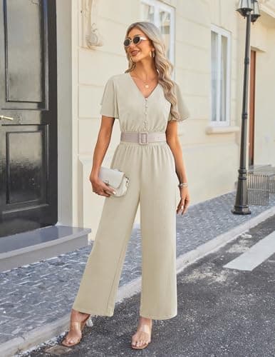 LOOKBOHO Jumpsuits for Women Dressy Casual Ruffle Short Sleeve Button V Neck 2026 Wide Leg Romper One Piece Outfits - Thumbnail 4