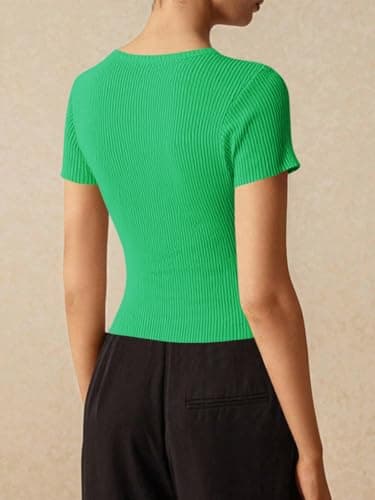 Imily Bela Womens Short Sleeve Sweater Tops Summer Button Down Casual Ribbed Knit Slim Fit Cropped Cardigan Shirts Green - Thumbnail 3