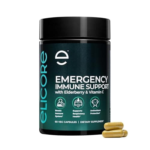 ELICORE Emergency Immune Support Supplement – Vitamin C, E, B6, Zinc, Elderberry, Echinacea, Garlic & Turmeric – Immune Booster for Adults – Gluten Free, Sugar Free, Vegan Friendly – 60 Capsules - Image 1