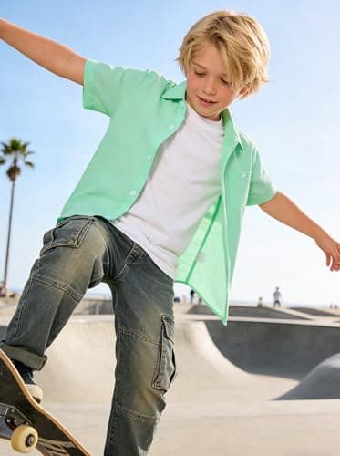 Cozople Boys Button Down Shirt Short Sleeve Kids Green Solid Color Shirts with Curved Hem Hawaiian Breathable Top Casual Vacation - Thumbnail 2