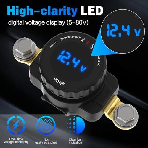 VSTM Battery Disconnect Switch, 5V-80V Side Post Battery Switch with LED Voltage Display, On/Off Master Isolator Power Shut/Cut Off for Car, Boat, RV, Truck, Camper, Trailer (Negative,Vertical) - Thumbnail 2