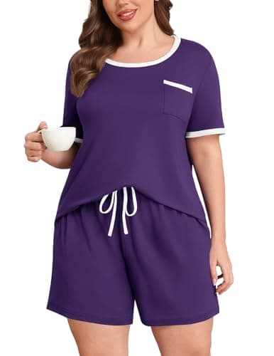 Lastshe Plus Size Pajamas Set for Women 2 Piece Soft Short Sleeve Shorts with Pockets Pjs Lounge Set Loungewear,Purple-1X - Image 1