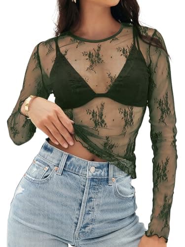 MEROKEETY Womens 2026 Long Sleeve Lace Sheer Mesh Tops Undershirt Sexy See Through Going Out Crewneck Blouse Shirts, Green, Medium - Image 1