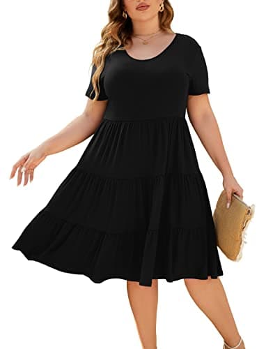 Younrui Plus Size Casual Black Dresses for Women Short Sleeve Scoop Neck Ruffle Babydoll Dress Boho Midi Sundress (3XL-1001-Black) - Image 1
