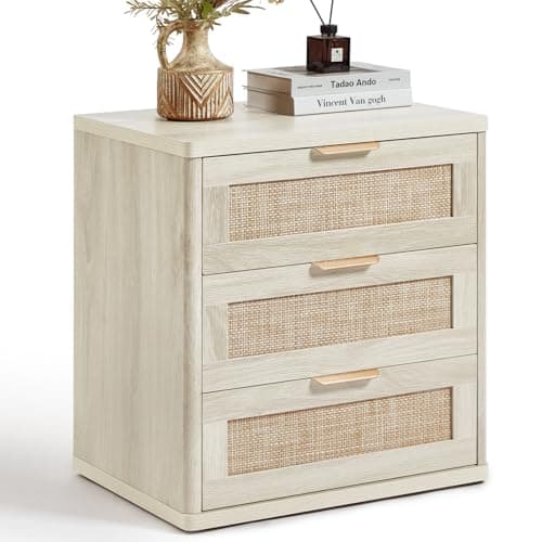 LEYAOYAO Rattan Night Stand with Drawers, 23" Large 3 Drawer Boho Nightstand, Grey White Bedside Table Storage Cabinet, Bed Side End Tables Dresser for Bedroom, Living Room, Hallway, Closet