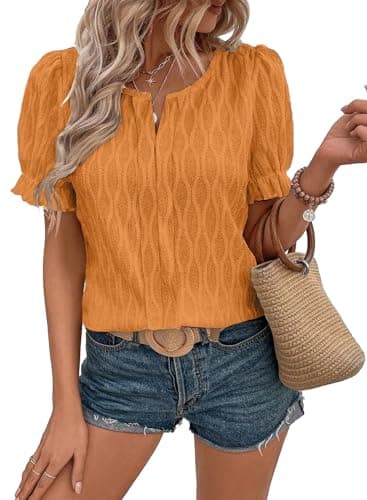 EVALESS Womens Summer Tops Business Casual Outfits Orange Blouses for Women Dressy Sexy Short Sleeve Shirts for Women Trendy 2025 Boho Clothes Cute Puff Sleeve Tops Womens Fashion Work T Shirts, Small - Image 1