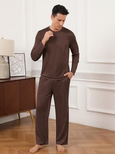 RQP Mens Pajama Set Soft Pijamas Sets for Men Long Sleeve Full Length Pants Pjs Sleepwear,Coffee - Thumbnail 5