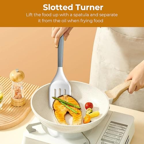 FINENUT Silicone Cooking Utensils Set 11PCS-BPA-Free-446°F Heat Resistant,Kitchen Tools for Nonstick Cookware,Heat Resistant&Scratch-Proof Includes Spatula/Turner/Spoon Dishwasher Safe(White And Gray) - Thumbnail 5