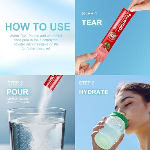 PowerH2O+ Electrolytes Powder Packets, 20 Sticks Hydration Packets Sugar Free, Electrolyte Drink Mix Travel Electrolyte Packet for Rapid Hydration (0.21 Ounce (Pack of 20), Watermelon) - Thumbnail 6