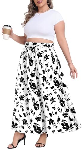 Lastshe Plus Size Maxi Skirts for Women Summer Business Work Elastic High Waisted Hide Drawstring Flowy A-line Long Skirt with Pockets,Print Black,1X - Image 1