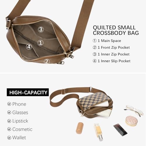 BOSTANTEN Quilted Crossbody Bags for Women Vegan Leather Purses Small Shoulder Handbags with Wide Strap Checkered Coffee - Thumbnail 5