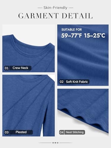 ATHMILE Womens Long Sleeve Shirts Pleated Crew Neck Casual Fall Fashion Ladie Tops Loose Fit Spring Clothes Beach Vacation Blue - Thumbnail 5