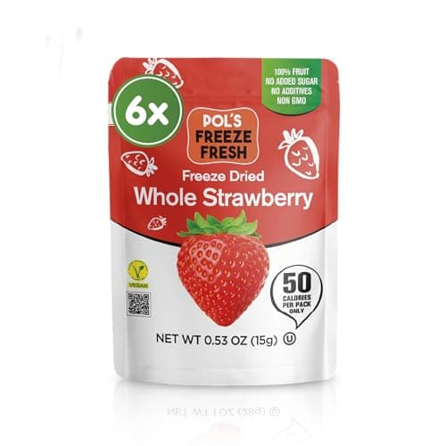 Pol's Fresh Freeze Dried Strawberries Whole, Single Ingredient, No Sugar Added, 6 Pack (0.53 oz Each) - Crispy Crunchy Healthy Fruit Snacks for Cereal, Yogurt & Smoothies, Gluten Free, Vegan, Kosher - Image 1
