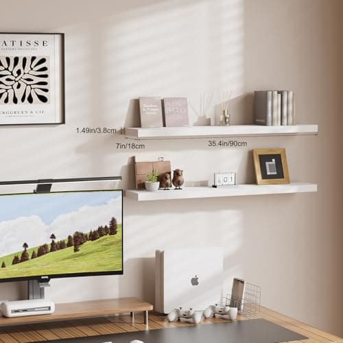 Mifurn Floating Shelves for Wall, Bathroom Shelves Over Toilet, Wall Shelves & Book Shelf for Room, Hanging Shelf, Modern Wooden Mounted Floating Shelves, 36x7x1.5 in (White, Set of 2) - Thumbnail 6
