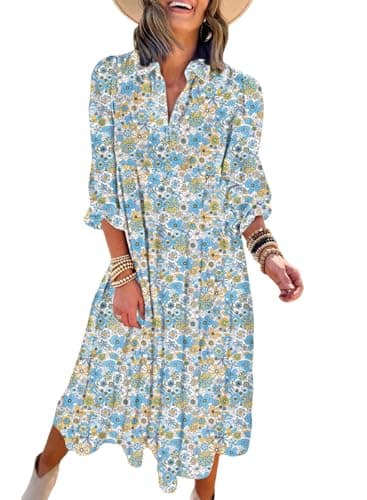 Dokotoo Beach Vacation Clothes for Women 2026 Fashion V Neck Puff Sleeve Long Dresses Sundresses Ruffle Flowy Bohemian Floral Dresses Casual Loose Summer Beach Swing Dress Medium Blue - Image 1
