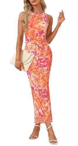 OutfitShow Womens Summer Bodycon Maxi Dresses 2026 Floral Sleeveless Slit Mesh Cocktail Wedding Guest Tank Dress, Floral Orange M - Image 1