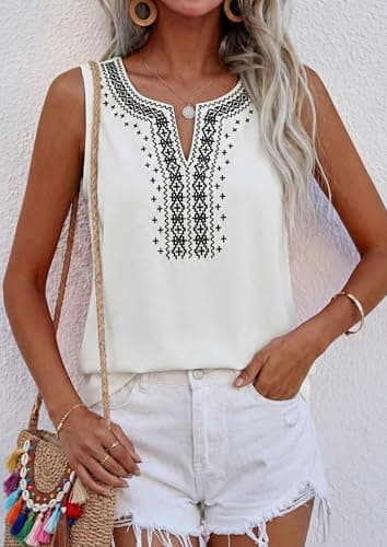 PRETTYGARDEN Womens Tank Tops 2026 Summer Causal V Neck Sleeveless Shirts Floral Print Embroidered Beach Vacation Boho Top(White,X-Large) - Thumbnail 5