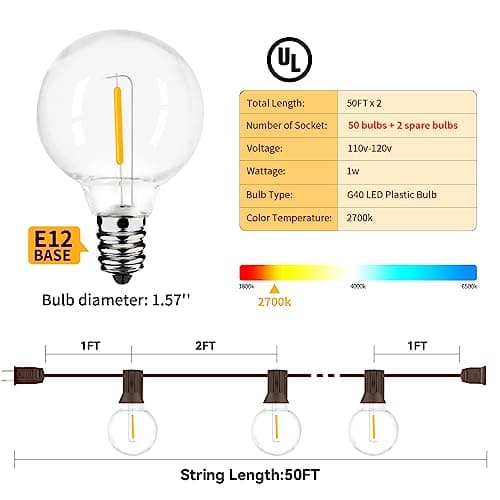100ft 2-Pack Outdoor String Lights,Dimmable G40 LED String Lights with 52 Shatterproof Clear Bulbs UL Approval Waterproof Globe 1W 2700K Outdoor Lighting for Backyard Porch Cafe Party Wedding Garden - Thumbnail 5