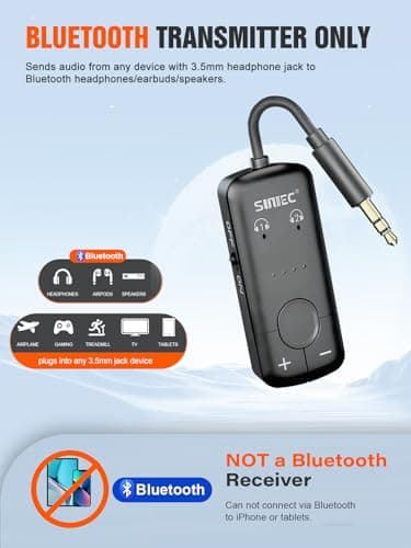 Airplane Bluetooth Adapter for Headphones Airpods: Wireless Transmitter Bluetooth Splitter 2 Devices for Plane with Aptx Adaptive - Earbuds Airline Audio Jack Connector for Travel or Tv - Thumbnail 6