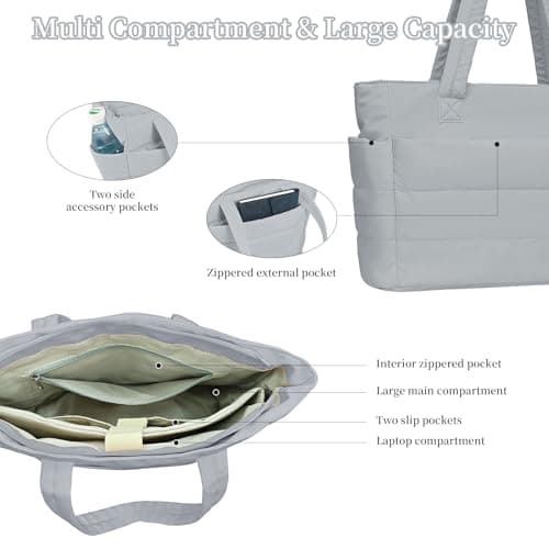 JHhomezeit Puffer Tote Bag for Women-Large Work Tote Bags Quilted Lightweight Puffy Bags Shoulder Bag with Laptop Compartment Gray - Thumbnail 5