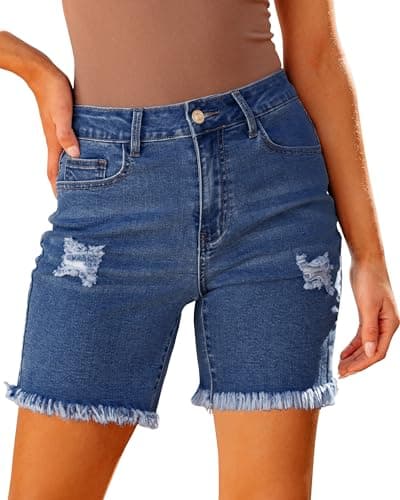 luvamia High Waisted Trendy Casual Distressed Denim Long Shorts with Pockets, Ripped Raw Hem - Stretchy - Blue Size 16 & 18 - Image 1