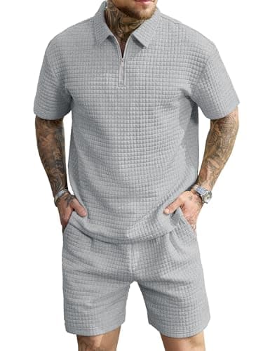 JEMLDL Men's Short Sets 2 Piece Polo Shirt Summer Outfits Casual Fashion Loungewear Short Sleeve Travel Golf Tracksuits Gray Small - Image 1