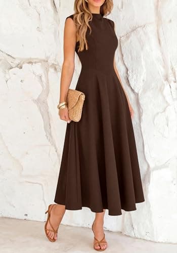 BTFBM Summer Dresses for Women 2026 Mock Neck Sleeveless High Waist Flowy Aline Maxi Spring Wedding Guest Dress Cocktail(Dark Brown, Medium) - Thumbnail 6