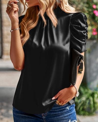 BTFBM Womens Tops 2026 Dressy Casual Blouses Summer Spring Clothes Mock Neck Short Sleeve Shirts Business Work Fall Outfits(Solid Black, XX-Large) - Thumbnail 3