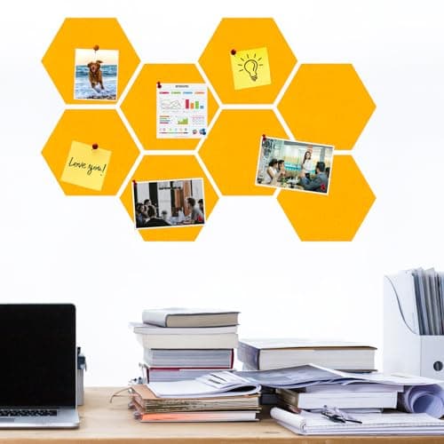 HULAVO Large Hexagon Felt Cork Board Tiles, Self Adhesive DIY Felt Bulletin Board Pin Board with 35 Pushpins for Office School Home Wall Decor Stickers Memos Photos Display(Light Orange) - Thumbnail 2