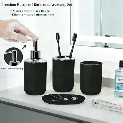 4 Piece Bathroom Accessories Set, Plastic Bathroom Toothbrush Holder Set- Bathroom Sets, Toothbrush Holder, Mouthwash Cup, Soap Dispenser, Soap Dish, Boho Modern Bath Decor Gift for Home, Black - Thumbnail 5