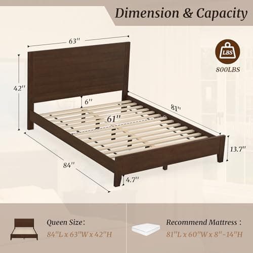 Cozyman Wood Platform Bed Frame Queen Size with Headboard, Camas Queen, Acacia Wood, No Box Spring Needed, Easy Assembly, Walnut - Thumbnail 2