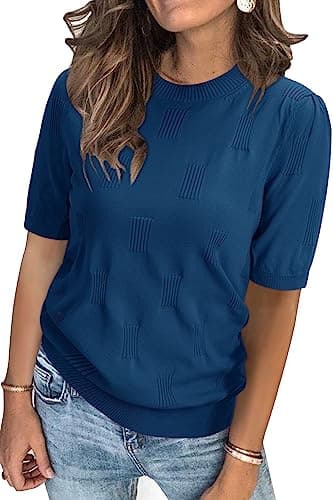 Arach&Cloz Women's Fashion Spring Summer Tops 2026 Short Sleeve Sweater Crew Neck Knit Pullover Dressy Easter Shirt Business Casual Work Outfits Blue S - Image 1