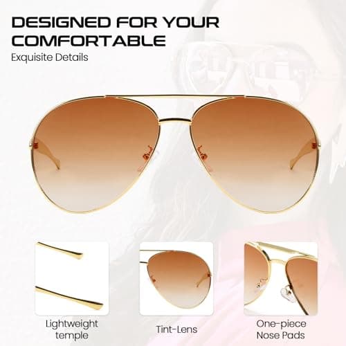 SODQW Oversized Aviator Sunglasses for Women Men Trendy Metal Sun Glasses With Double Bridge UV Protection - Thumbnail 3