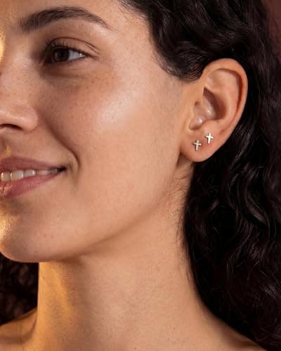 MUMREUES Silver Earrings for Women 14K White Gold Plated Cross Stud Earring Dainty Minimalist Simple Small Earrings Jewelry Gift for Her - Thumbnail 4