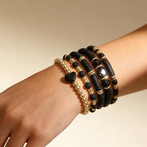 Alegend Bracelet Sets 14K Gold Plated Men and Women Handmade Black Beaded Gifts Birthday - Thumbnail 2