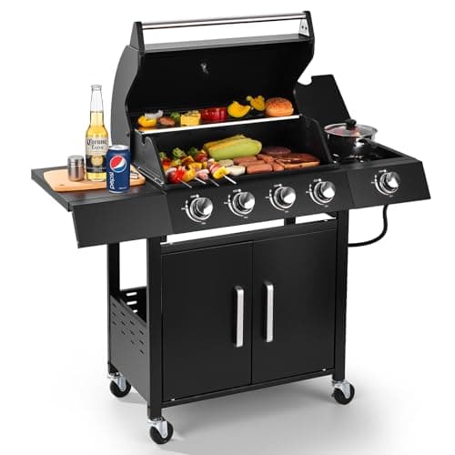 RYHOFOUD 4-Burner w/Side Burner Gas Grill with 292 SQ.IN. Outdoor Grill with 44,000 BTU,Propane Grills with Top Cover Lid,Grills Outdoor Cooking for Patios,Camping,Balcony-Q043