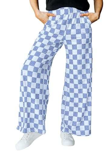 IWOLLENCE Women's Fashion Y2K Checkered Pants Loose High Waist Vintage Plaid Patterned Lounge Teacher Pant Comfy Preppy Gingham Sweatpants Fake Denim Blue, XL - Image 1