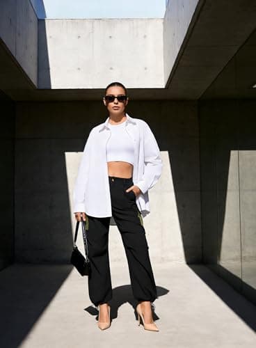 LOOKBOHO Women's Pants Summer 2026 Cargo Contrast Pockets Lightweight Travel Drawstring Casual Joggers Straight Leg Trousers Black Large - Thumbnail 5