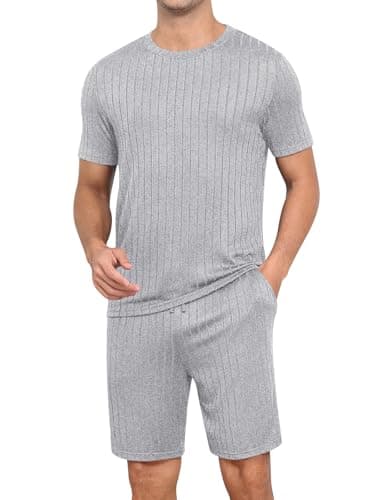 RQP Men's Pajama Set Summer Lightweight Ribbed Lounge Wear Breathable 2 Piece SleepShorts & Tee,Stretch Home Outfits for Men,Grey - Image 1