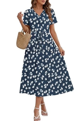 MOLERANI Casual Summer Dresses for Women Drawstring Maxi Dresses V Neck Short Sleeve Long Dress with Pockets, Floral Navy, M - Image 1