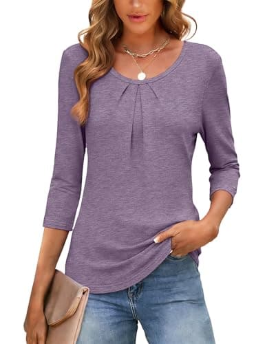 JUSTFASHIONNOW Womens 3/4 Length Sleeve Tops Crewneck Pleated T-Shirts Dressy Casual Tunic Basic Business Blouses(RoseTaupe Medium) - Thumbnail 2