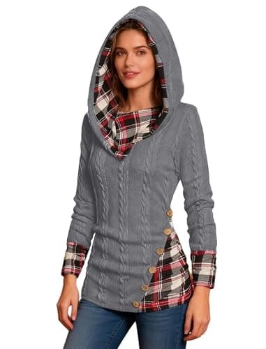 ZEZCLO Women's Twisted Cable Knit Mock Button Ruched Shawl Neck Knit Top Plaid Print Hooded Sweater Gray - Image 1