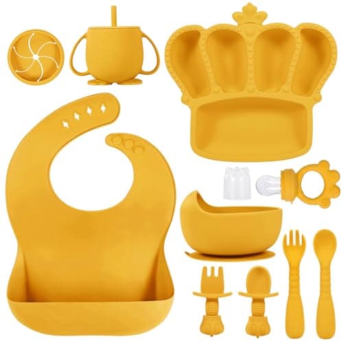 Silicone Baby Feeding Set 10 Pcs Baby Led Weaning Supplies Suction Bowl Divided Plate Baby Bibs Fruit feeder Pacifier Baby Spoons Forks Sippy Cup Utensil Sets Baby Essentials for Newborn Gift Yellow